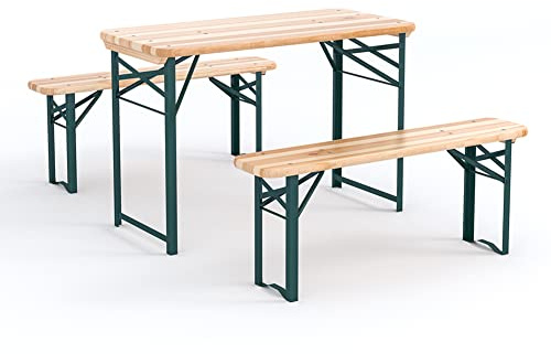 Warmiehomy Outdoor Folding Camping Table and Bench Set Wooden Garden Picnic Dining Table Benches Set of 2 for Patio Yard Swimming Pool BBQ Party (Tables: 117 x 56 x 76.5cm; Chairs: 117 x 24.5 x 46cm)
