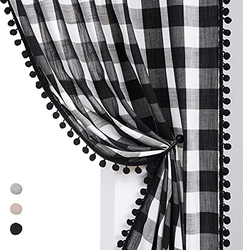 Tende con pompon a quadretti, colore bianco, nero, per camera da letto, soggiorno, 172 cm, plissettate a matita senza vedere attraverso i tendaggi per finestre, 40 w 2 pannelli