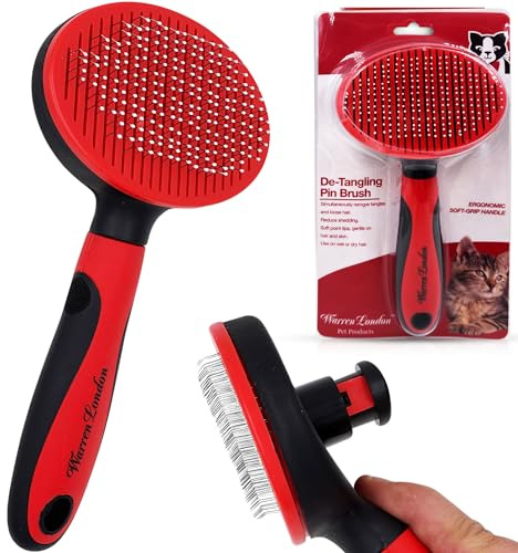 Warren London Self-Cleaning Cat Pin Brush | Push-Button Fur Ejector, Bead-Tipped Nylon Pins – Gentle Shedding & Detangling for Cats, Kittens, Rabbits, Ferrets & Small Dogs | Ergonomic Anti-Slip Grip