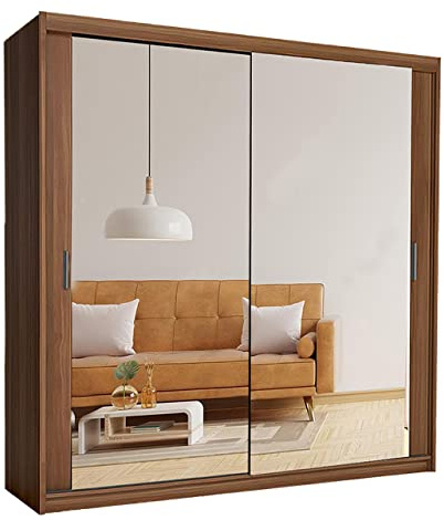 Samsun Modern Double Sliding Mirror Door Wardrobe Bedroom with Adjustable Hanging Rails, Shelves Storage Cupboard For Home Furniture (Walnut, 180cm)