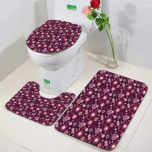 Rutschfeste Badematten 3 teiliges Set,Aubergine, Abstract Floral Arrangement mit einer Vielzahl von niedlichen Bl,Hohe Wasseraufnahme, weiche Mikrofaser, WC-Vorleger, WC-Sockelmatte, maschinenwaschbar