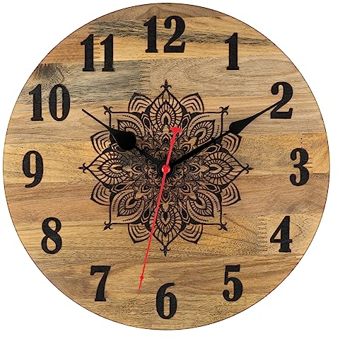Foxtop Holz Wanduhr Mandala Lautlos Ohne Tickgeräusche 30 cm Dekorative Massivholz Uhr für Wohnzimmer Küche Büro Café Bar