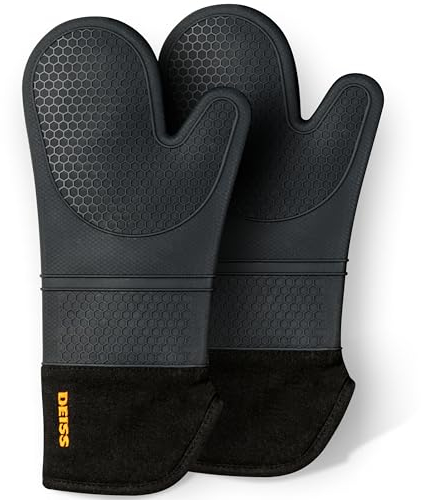 Deiss Pro Ensemble de Gants de Cuisine en Silicone résistant à la Chaleur et aux Taches, Gants de Barbecue en Coton Doux, imperméables, Gants de Cuisine Extra-Longs et Flexibles pour la Cuisson