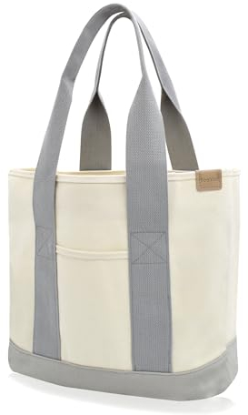 Damen Mittelgroß Handtasche Canvas Satchel Tote Bag Schultertasche Patchwork Design Shopper für Bücher Alltag Arbeit GrauWeiß