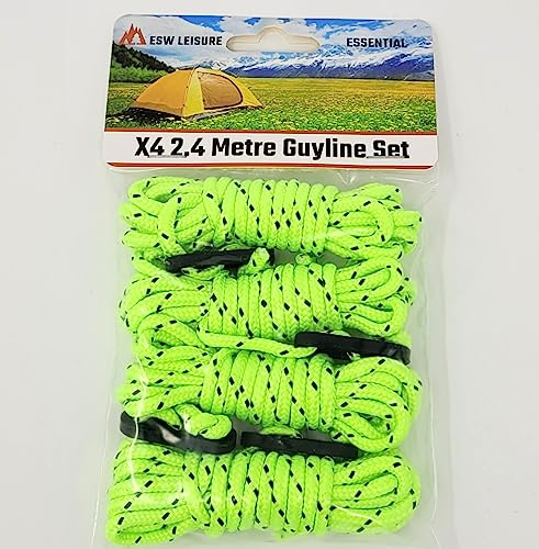 ESW LEISURE Guyline-rep 4-pack för tält markis camping stark lätt paracord kille-rep med spännare kille linjer fiske paraply husvagn lusthus (lysande grön och svart, 2,4 meter 4-pack)