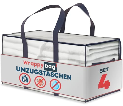 WRAPPYBAG Borse Trasloco Resistenti XXL in Set da 4 - Ideali come Sacchi per Trasloco e Borse Salvaspazio – Superficie Idrorepellente con Maniglie Rinforzate – Per Vestiti e Biancheria - 75×36×38 cm