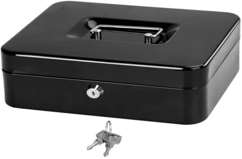 Caja Caudales con Llave para Contar y Transportar Dinero, Caja Fuerte Portátil con Portamonedas, Ideal para Guardar Monedas, Billetes y Joyas (30x24x9cm, Negro)
