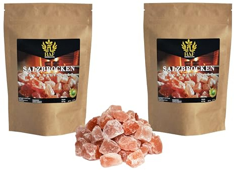 HAF® Rosa saltbitar 2 kg | Grova stensaltbitar utan tillsatser och naturliga ämnen från Saltrangen i Pakistan | saltstenar | Solekjolar | Storlek: 2–5 cm | Antal: 2 x 1 kg i påse