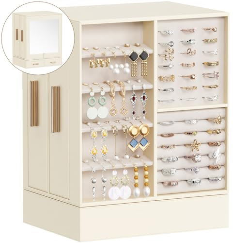 Lifewit Scatola Portagioie Girevole 360°, Portagioie Donna Grande da Camera e Letto con Specchio e 6 Cassetti, Jewelry Organizer per Anelli, Collane, Orecchini, Regalo Donna Compleanno, Crema