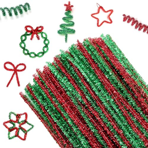 Shining She Glitter Pipe Cleaner Christmas 200 PCS, Chenille Stem, 100 Green Pipe Cleaners, 100 Red Crafting-Pipe Cleaners for DIY Christmas Craf