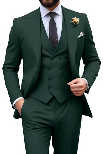Mens Suit Slim Fit 3 Piece Double Breasted Suit Men Formal Tuxedo Set Casual Wedding Prom Groom Suits, Dark Green, L