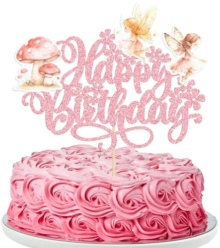 Gyufise 1Pc Fairy Happy Birthday Cake Topper Glitter Mushroom Floral Fairies Birthday Cake Decorations for Fairy Theme Baby Shower Birthday Garden Party Decorations Supplies Pink