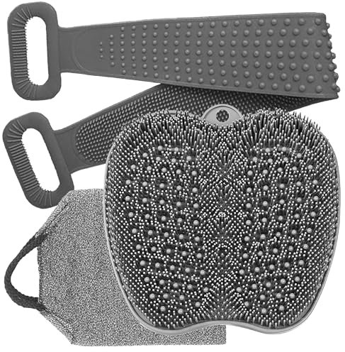 MGE - Tapis de Massage Antidérapant en Silicone - Nettoyeur de Dos avec Ventouses Antidérapantes + Gant de Toilette Exfoliant Double Face avec Poignées + Serviette exfoliante - Lot 3 Piéces