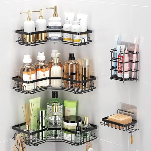 Rustproof Corner Shower Caddy Hanging, Multifunction Wall Mounted Bathroom Shelves, Shower Organizer No Drilling Triangular Corner Shower Storage, Black Rack with Soap, Brush, Shampoo Holder