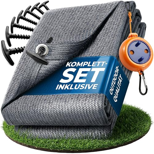 valuents Tapis d'auvent - Bleu/Gris - 300 x 700 cm - Tapis de Camping d'extérieur - Tapis de Tente pour Caravane/Camping-Car avec Sac de Transport + Corde à Linge et 8 piquets en T