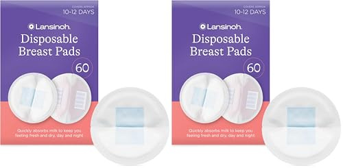 Lansinoh Disposable Breast Pads for nursing breastfeeding mothers, essential for hospital bag, thin super absorbent layers, discreet fit, 60 Count (Pack of 2)