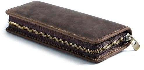 kokdid Stifteetui aus Leder für Damen und Herren, Leder-Stifthalter, Reißverschluss, Leder-Federmäppchen, elastische Stiftschlitze für Buntstifte, braun, 20x8x3cm