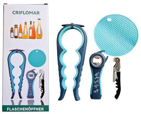 CRIFLOMAR Set di apribottiglie e bicchieri 4 in 1 – Apribottiglie multifunzione per bottiglie, bicchieri, lattine e bottiglie di vino – Manico antiscivolo, ideale per anziani e artrite (blu-grigio)