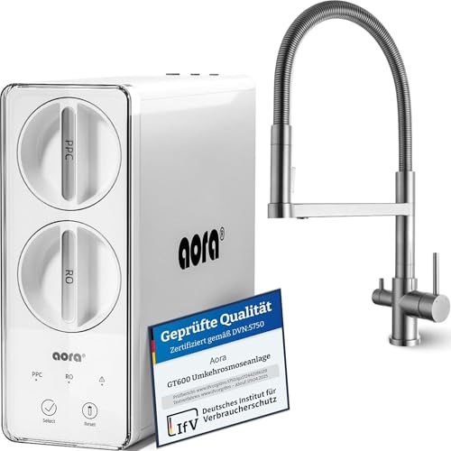 Aora GT600 Sistema de ósmosis inversa + grifo de acero inoxidable de 3 vías SIN perforación – Filtro de agua por ósmosis con filtración de 8 etapas y cambio de filtro en 3 segundos – Sistema de