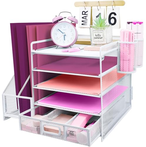 IdealLife 5-Tier Paper Letter Tray Organizer with Drawer and 2 Pen Holders, Mesh Document Organizer for Office Supplies - White