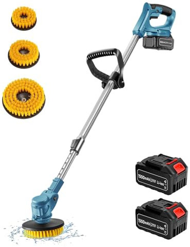 Elektrische Reinigungsbürste, 21V Putzbürste Elektrisch mit 2 Batterie 1500mAh 800W und 3 Bürstenköpfen 110/125/150mm Verstellbarer Fugenbürste 90-120cm für Fliesenboden Küchenarbeitsplatte