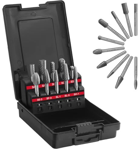 JUSTOOL 10PC Carbide Burr Set 1/4 Shank Single Cut Die Grinder Bits Tungsten Rotary Cutting Burrs Carbide Drill Bit Set for Milling, Carving, Engraving, Deburring, Drilling, Hard Wood and Metals
