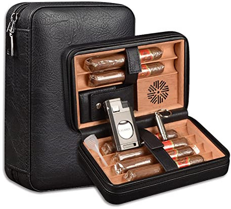 Volenx Boite a Cigare, Bois de Cèdre Espagnol Cave à Cigare pour 6 Cigare Cubain, Portable Humidor Cigare de Voyage avec Briquet Cigare Trois en Un, Humidificateur Cigare, Coupe Cigare et Perforateur