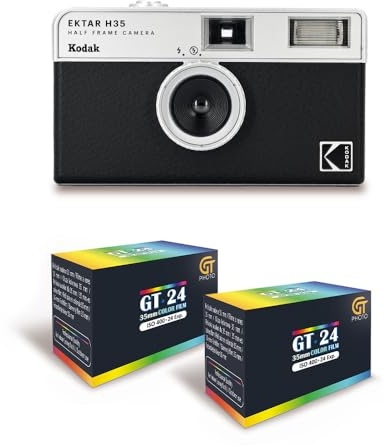 KODAK EKTAR H35 - 35 mm halvformat videokamera återanvändbar, utan fokus, lätt, lätt att använda - svart + 2 film 35 mm färg 24 utställningar