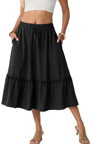 FREEOAK Women's Printed High Waisted A-Line Midi Skirt Flowy Summer Boho Style with Pockets and Elastic Waist for Beach Vacation A - Black