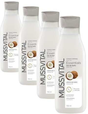 MUSSVITAL Essentials Gel de Baño con Aceite de Coco, pH 5.5, 750 ml (Paquete de 4)