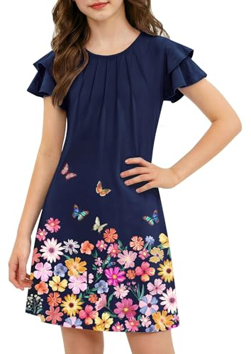 Arshiner Robe d'été pour Fille, plissée, Manches ondulées, Unie ou imprimée, élégante, Robe d'été Festive, Robe décontractée, Manches Courtes, Coupe trapèze, Tailles 6-14 Ans