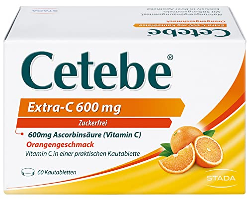 Cetebe Extra-C 600 mg - Nahrungsergänzungsmittel mit hochdosiertem Vitamin C, Ascorbinsäure - mit Orangengeschmack - 1 x 60 Kautabletten