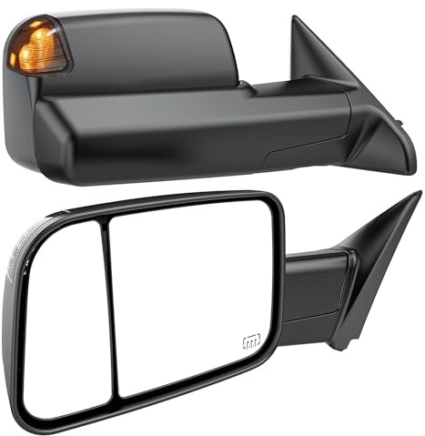 Smoked Power Heated Tow Mirrors Compatible with Dodge Ram 1500 2002-2008, 2500 3500 2003-2009, Flip Up Extended Trailer Towing Side Mirrors, Black Housing