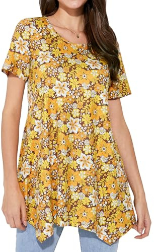 Enmain Women's Tunic Tops Short Sleeve Casual Ladies Tunics Floral Printed Longline Blouses T-Shirts Round Neck Stretch Comfortable S-3XL