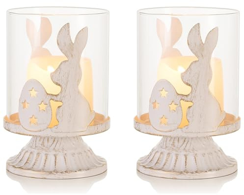 Sziqiqi Teelichthalter für Ostern Deko - Kerzenständer Stumpenkerzen Vintage Geschenk für Erwachsene Kinder Mädchen Hase und Osterei Windlicht Kerzenhalter für Ostern Party Tischdeko