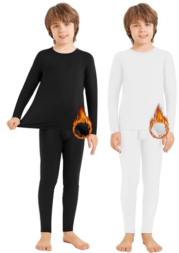 Silkfly 2 Sets Boys Thermal Underwear Fleece Lined Compression Shirt Leggings Pants Kids Base Layer(Black, White,X-Large,Solid Style)