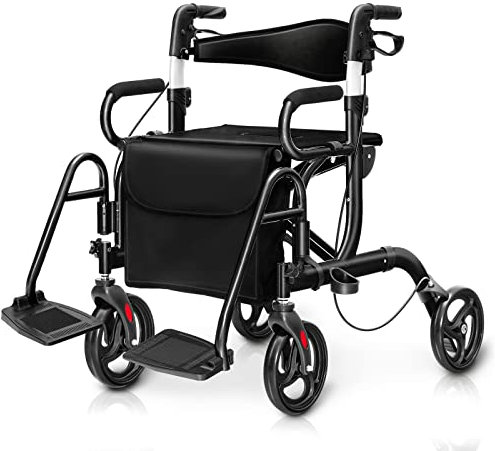 COSTWAY Rollator faltbar und leicht mit Sitz, 2 in 1 Rollstuhl & Reiserollator, Gehhilfe 6-fach höhenverstellbar, Gehwagen mit Tasche & Bremse & Stockhalter, Aluminium, klappbar für Senioren (Schwarz)