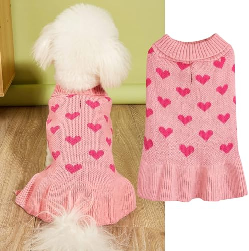 Yaopelky Vestito in maglia per cani di piccola taglia, con motivo a cuore, per San Valentino, a collo alto, caldo per cani di piccola taglia e gatti (rosa, M)