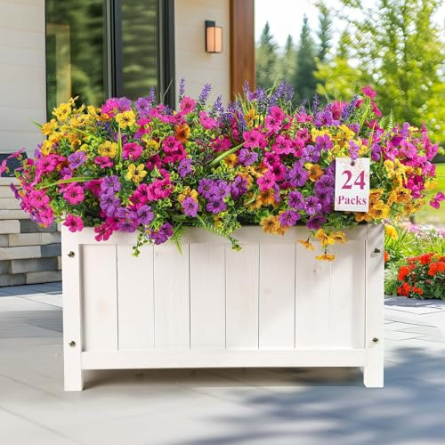 Alupssuc 24 Bundles Artificial Flowers Outdoor, Mixed 3 Colors Violet/Plant