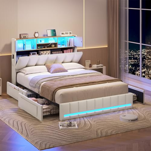 Lit 140 x 190, Lits Double avec LED et Multiprise, Cadre de Lit en Métal avec 4 Tiroirs, Tête de Lits en Bois Capitonnée avec 7 Compartiments, Lits 140 x 190 avec Sommier et Rangement, Blanc