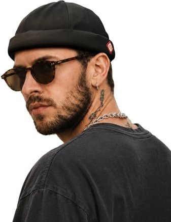 Clakllie Cotton Docker Cap Herren Verstellbare Cap Ohne Schirm Seemannsmütze Hafenmütze Brimless Hat Rolled Cuff Harbour Hat,CT37-Black