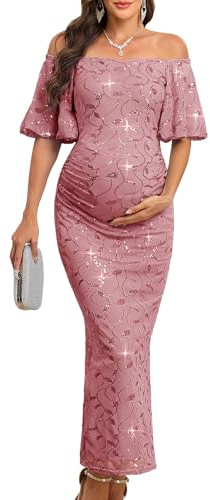 AISWI Maternity Off The Shoulder Sequin Maxi Dress Elegant Ruched Bodycon Formal Evening Gown for Baby Shower Photoshoot, Dusty Pink, M
