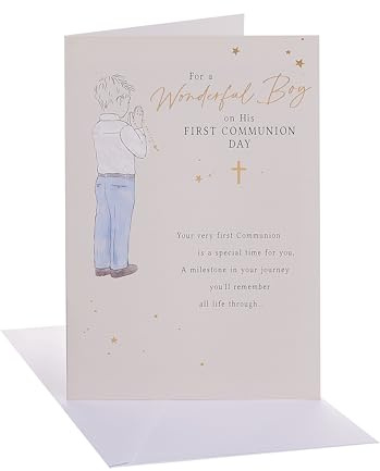 UK Greetings | Communion Card for Boy | Boy in Commuinion Clothes Design | Congratulations Card | Him/Boys/Men | With Envelope | 13.7 x 21cm