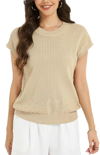 Camiseta de Punto Mujer Suéter Ligero Básico Jersey con Cuello Redondo Manga Corta Blusa Verano Elegante Moda Top Primavera Túnica Casual Caqui XXL