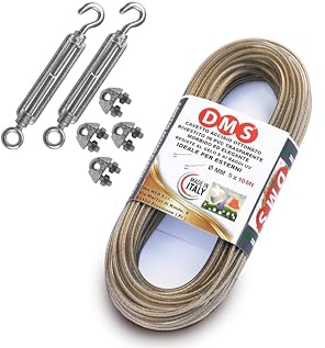 Filo per stendere il bucato da esterno, 20 mt diametro mm 5. Cavetto in acciaio ottonato rivestito in pvc trasparente, resistente ed elegante. Prodotto Italiano (10 Metri con tenditori e morsetti)