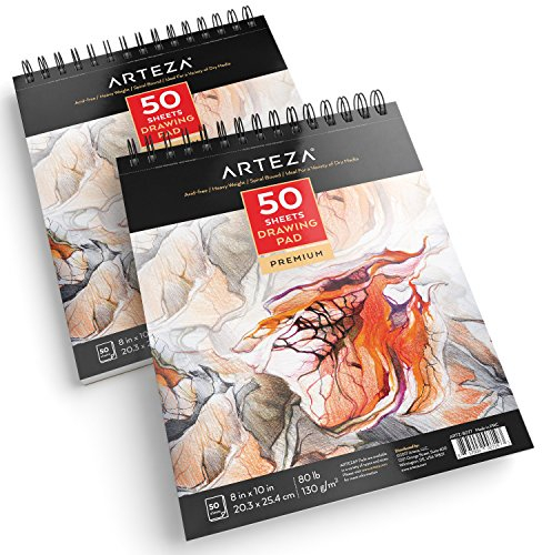 Arteza Zeichenblock 2er-Pack 20.3 x 25.4 cm, 50 Blatt Zeichenpapier 80 lb/ 130 gsm, Skizzenblock Set mit Spiralbindung für Künstler, Profis und Hobbymaler