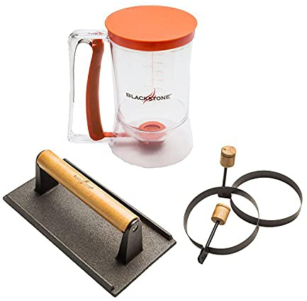 Blackstone 1543 Outdoor Griddle Breakfast Preparation Kit with Pancake Batter Dispenser, Cast Iron Bacon Press, and 2 Non Stick Steel Egg Rings