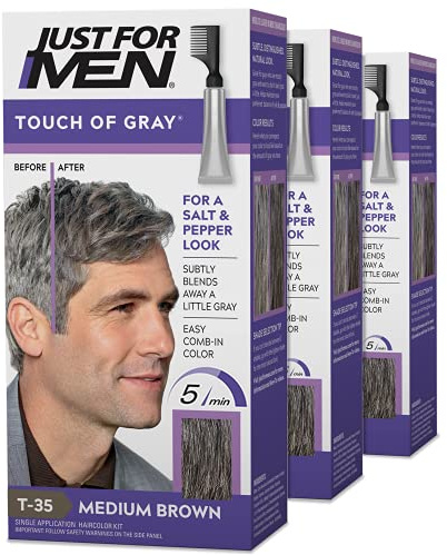 Just For Men Touch of Gray, Mens Hair Color Kit with Comb Applicator for Easy Application, Great for a Salt and Pepper Look - Medium Brown, T-35, Pack of 3