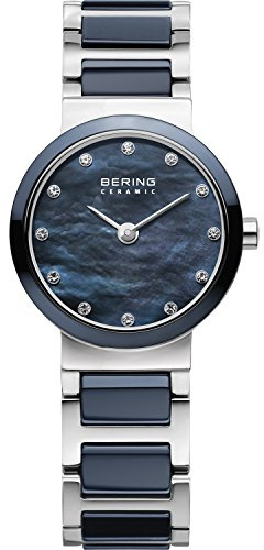 BERING Damen Quarz Uhr | Armbanduhr 25 mm silbernes Edelstahlgehäuse und blaues Zifferblatt | Edelstahlband mit Keramikelementen | 5 ATM | 10725-787