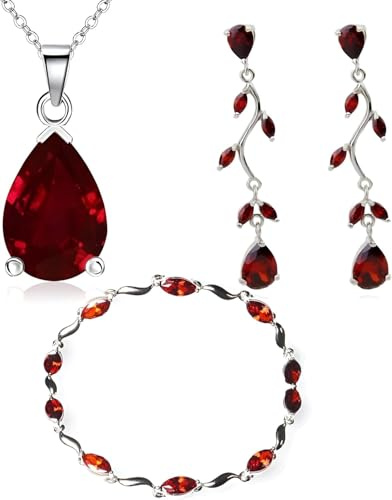Crystalline Azuria Mujer 18ct Chapado en Oro Blanco Lágrimas Juego de joyas Rojo Zirconia Collar 45 cm Pendientes Pulsera para Mujer y Niña